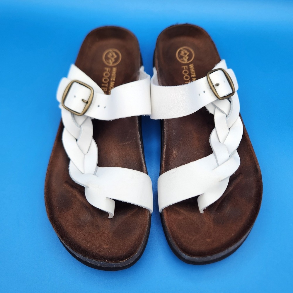 White Mountain Crawford White Leather Braided Toe Loop Footbed Sandals Size 7 M